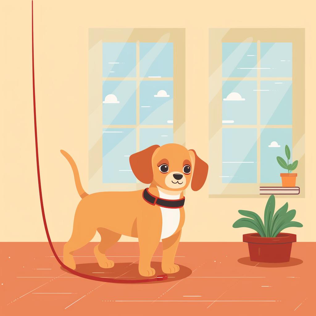 Puppy walking on a leash indoors